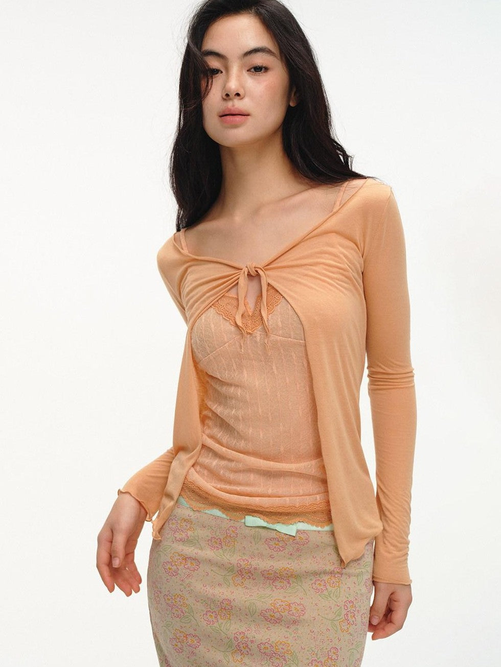 lvetong Orange Lace Splice Layered Two Piece Long Sleeve Cardigan Women&