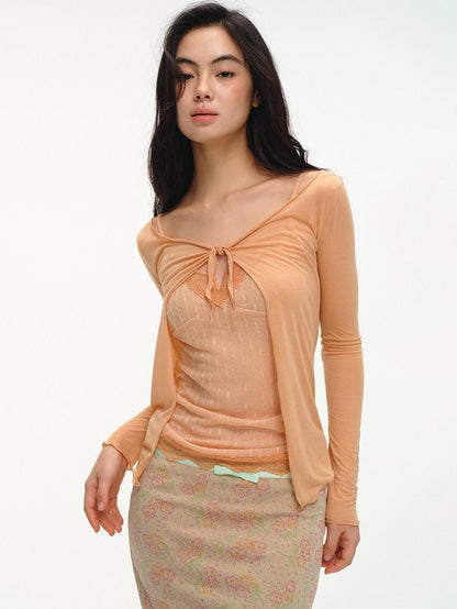 lvetong Orange Lace Splice Layered Two Piece Long Sleeve Cardigan Women&