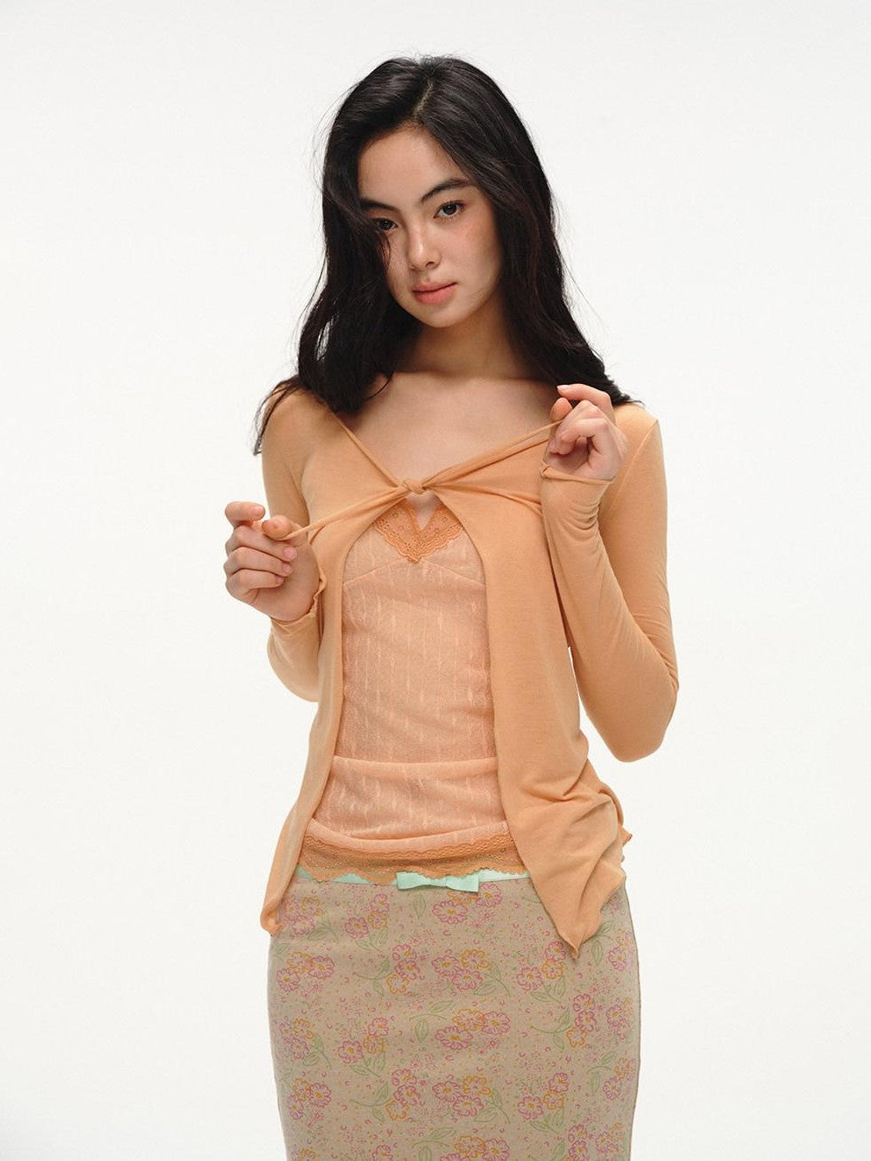 lvetong Orange Lace Splice Layered Two Piece Long Sleeve Cardigan Women&