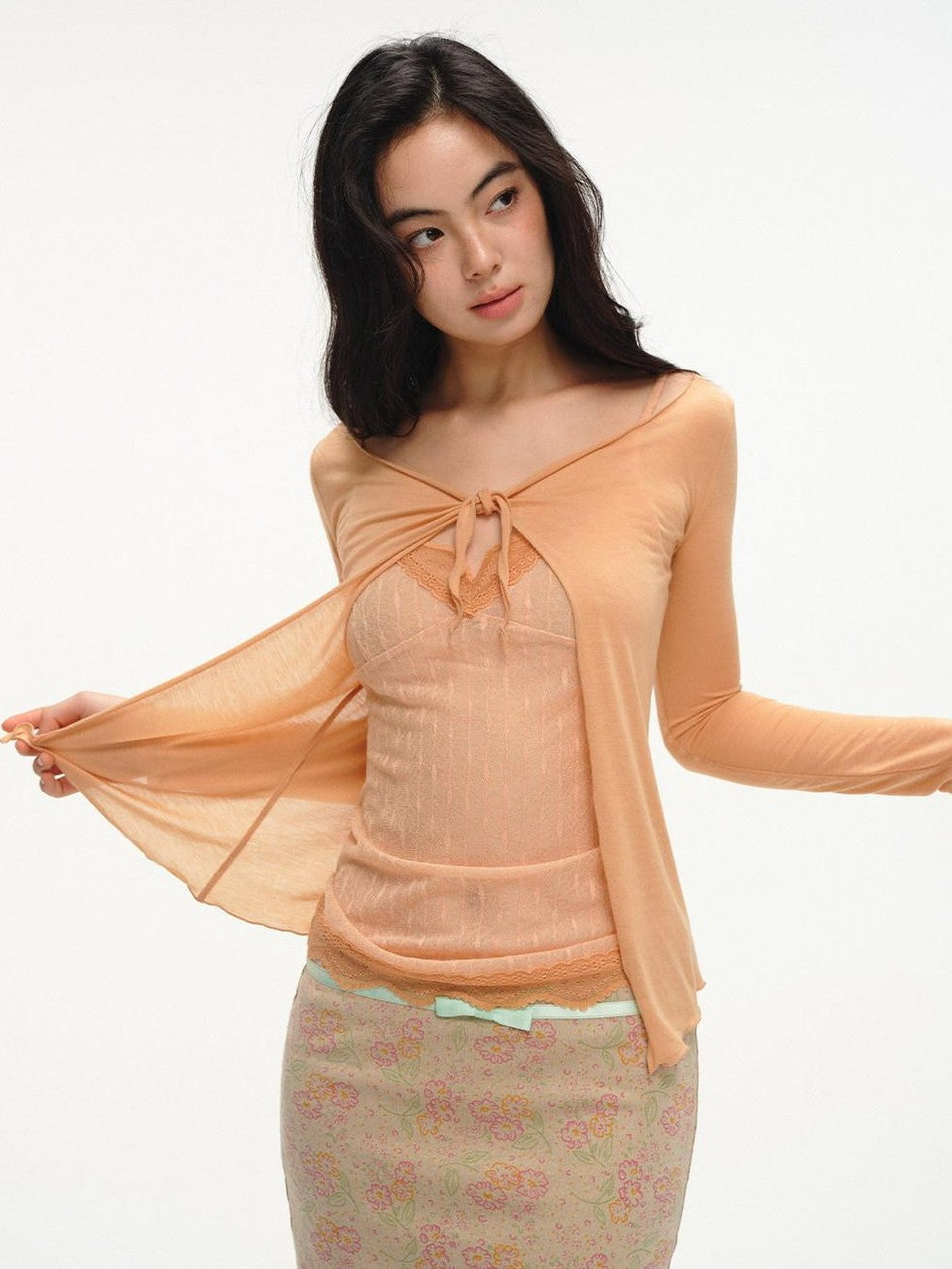 lvetong Orange Lace Splice Layered Two Piece Long Sleeve Cardigan Women&