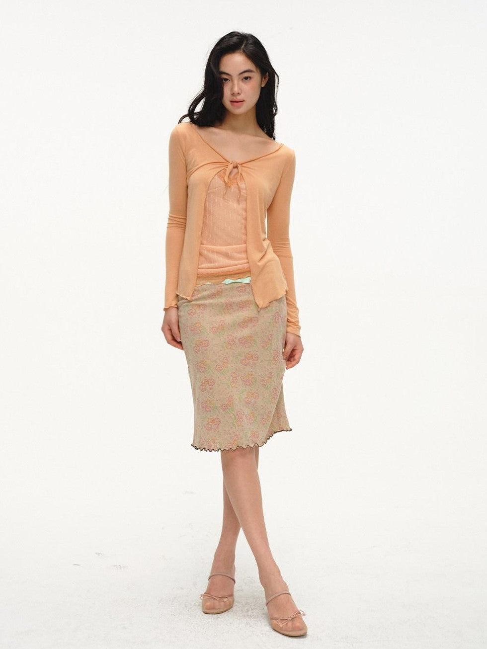 lvetong Orange Lace Splice Layered Two Piece Long Sleeve Cardigan Women&