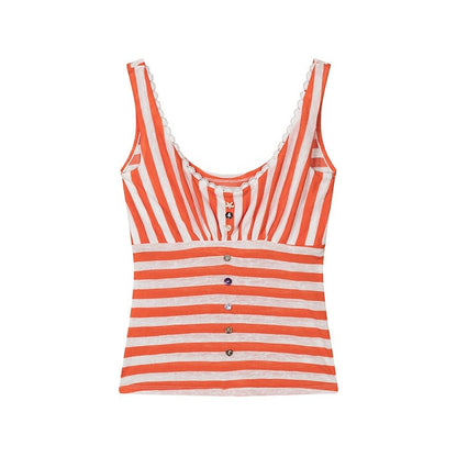 lvetong_Orange_Shell_Button_Lace_Striped_Patchwork_Roundneck_Women&