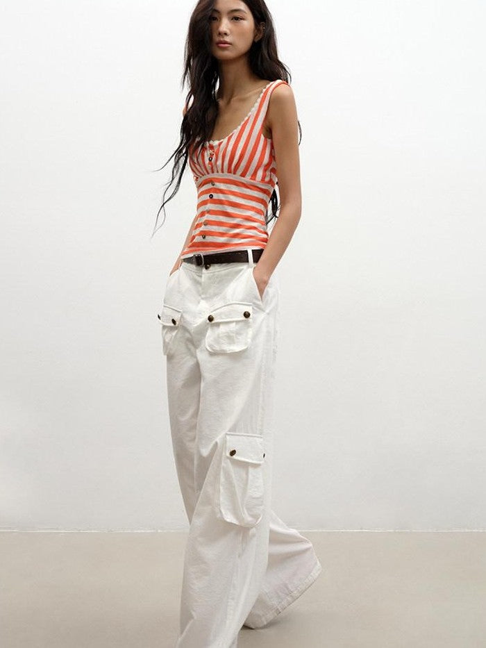 lvetong Orange Shell Button Lace Striped Patchwork Roundneck Women&