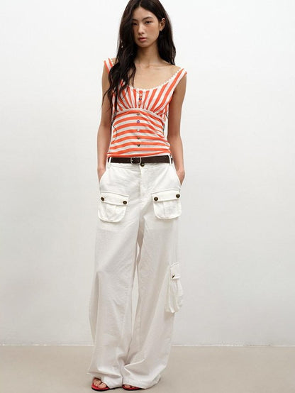 lvetong Orange Shell Button Lace Striped Patchwork Roundneck Women&