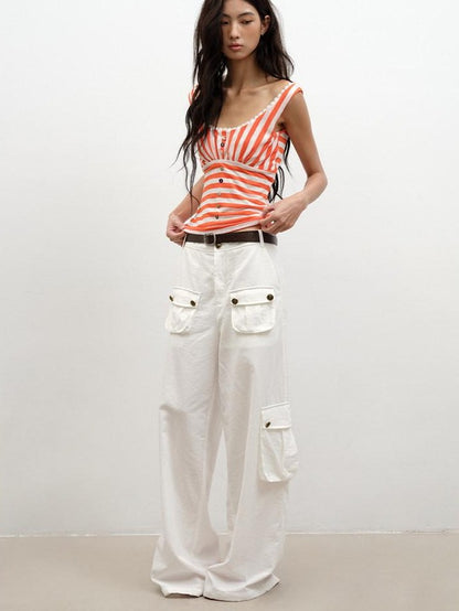 lvetong Orange Shell Button Lace Striped Patchwork Roundneck Women&