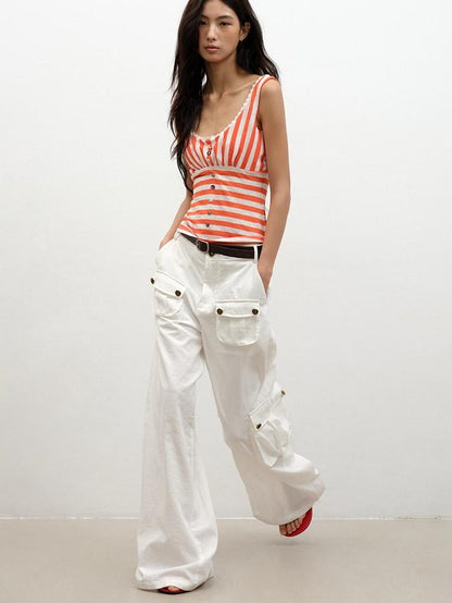 lvetong Orange Shell Button Lace Striped Patchwork Roundneck Women&