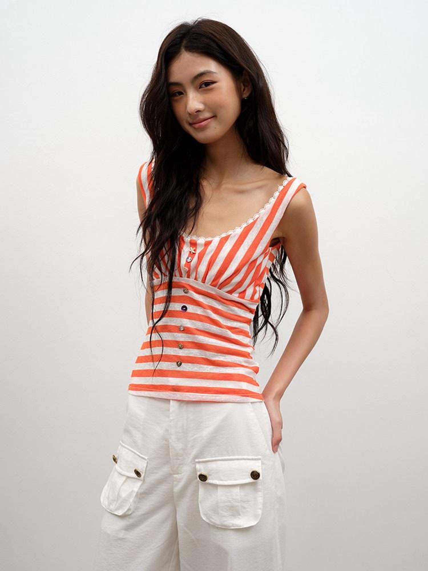 lvetong Orange Shell Button Lace Striped Patchwork Roundneck Women&