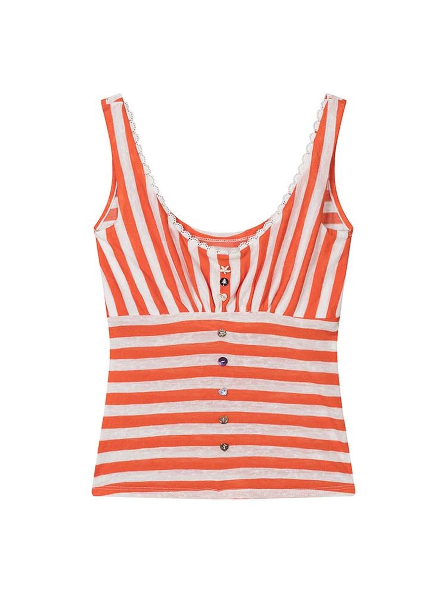 lvetong Orange Shell Button Lace Striped Patchwork Roundneck Women&