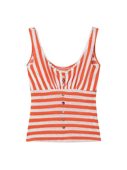 lvetong Orange Shell Button Lace Striped Patchwork Roundneck Women&