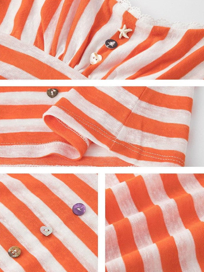 lvetong Orange Shell Button Lace Striped Patchwork Roundneck Women&