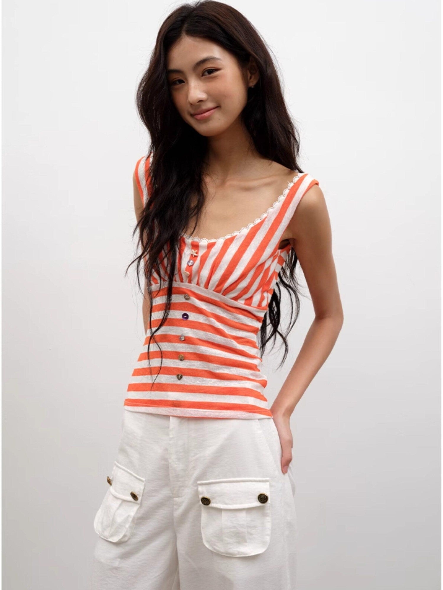 lvetong Orange Shell Button Lace Striped Patchwork Roundneck Women&
