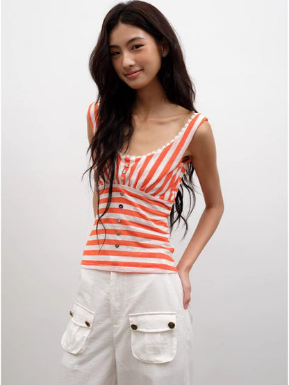lvetong Orange Shell Button Lace Striped Patchwork Roundneck Women&