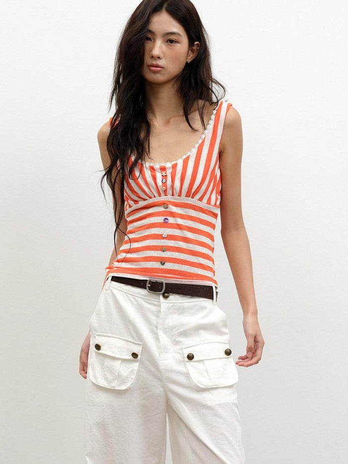 lvetong Orange Shell Button Lace Striped Patchwork Roundneck Women&
