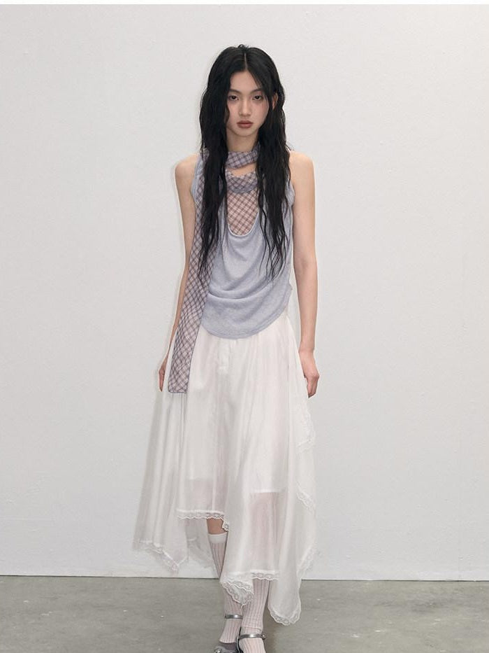 lvetong Patchwork Loose Fit Street Athleisure Youth Blue Sleeveless Tank Tops