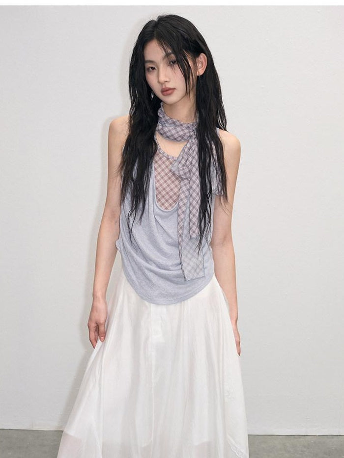 lvetong Patchwork Loose Fit Street Athleisure Youth Blue Sleeveless Tank Tops