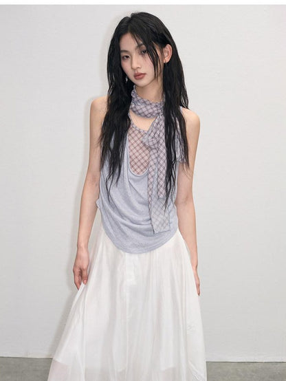 lvetong Patchwork Loose Fit Street Athleisure Youth Blue Sleeveless Tank Tops