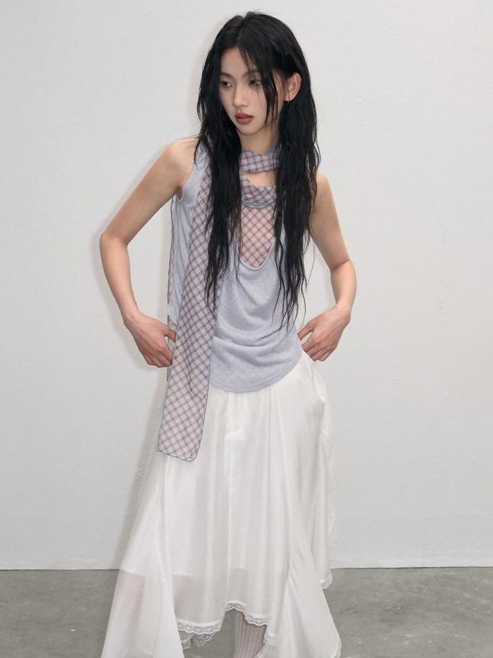 lvetong Patchwork Loose Fit Street Athleisure Youth Blue Sleeveless Tank Tops