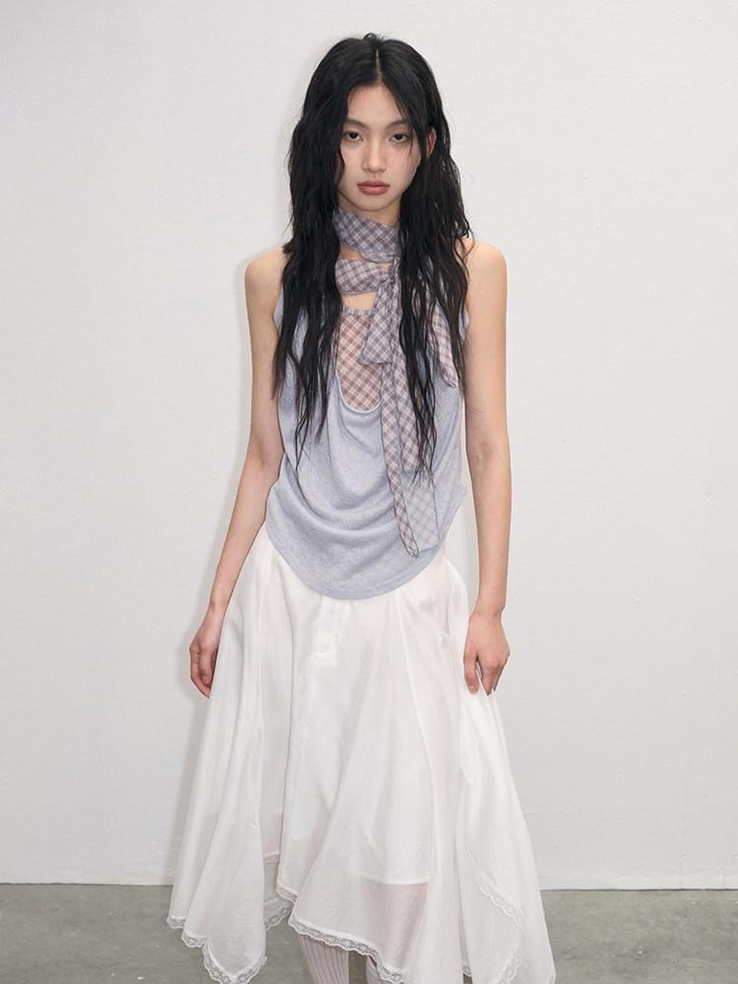lvetong Patchwork Loose Fit Street Athleisure Youth Blue Sleeveless Tank Tops