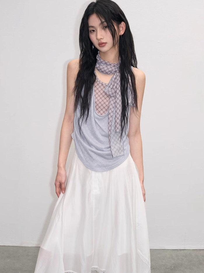lvetong Patchwork Loose Fit Street Athleisure Youth Blue Sleeveless Tank Tops