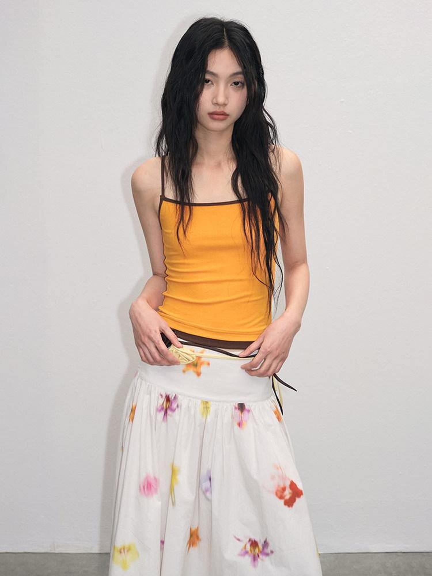 lvetong Patchwork Slim Fit Street Style Cropped Strappy Cotton Blend Tank Camisoles