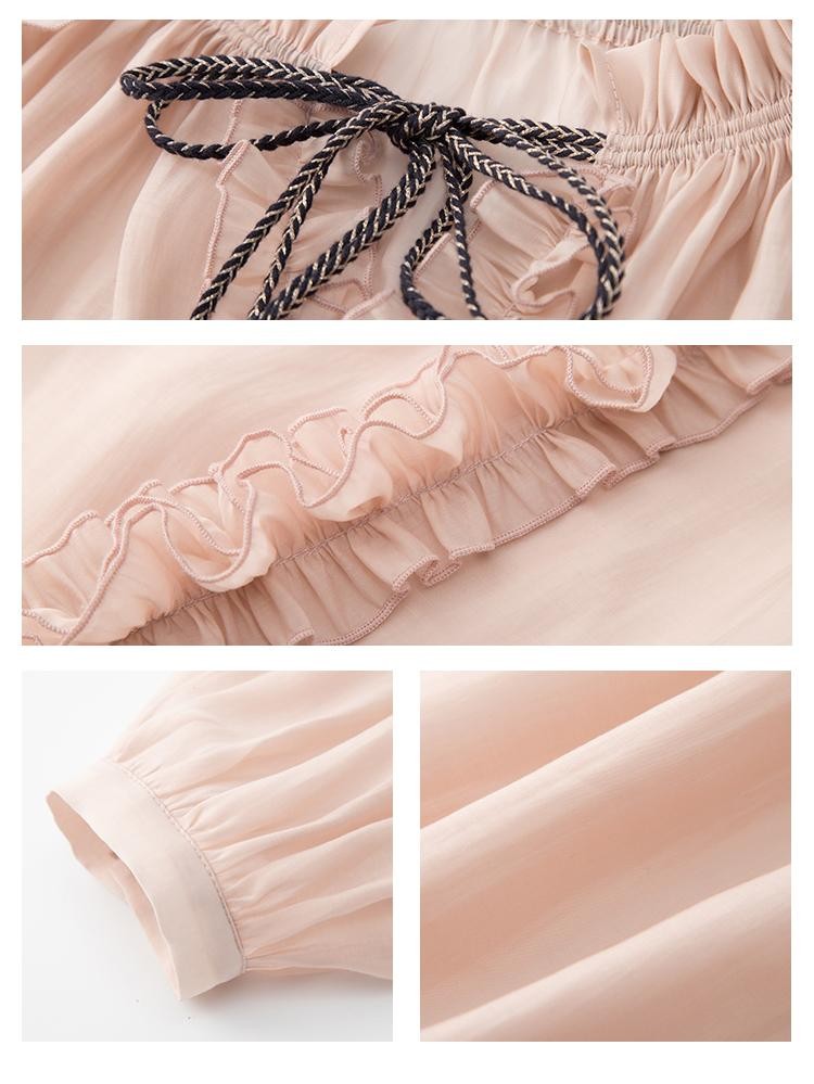 lvetong Pink V-neck Ruffle Drawstring Loose Women&
