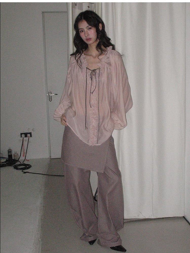 lvetong Pink V-neck Ruffle Drawstring Loose Women&