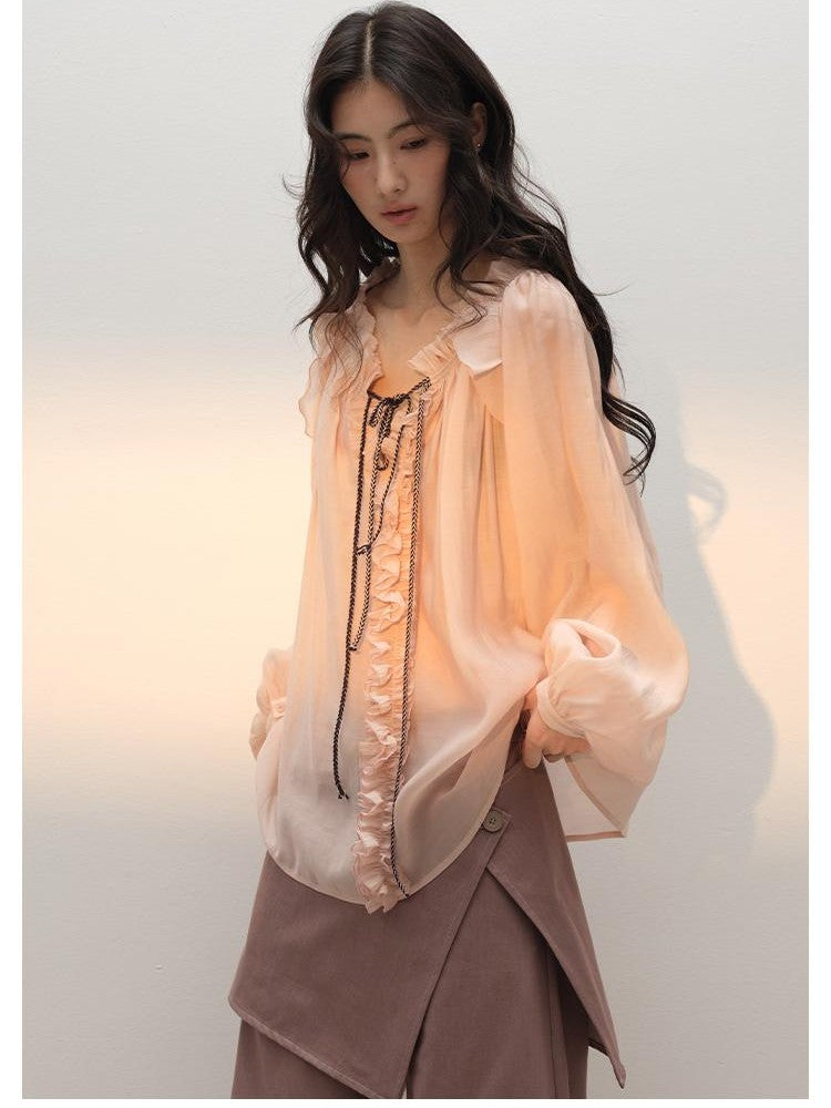 lvetong Pink V-neck Ruffle Drawstring Loose Women&
