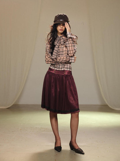 lvetong Plaid Bow V-neck Double Button Shirred Waist Women&