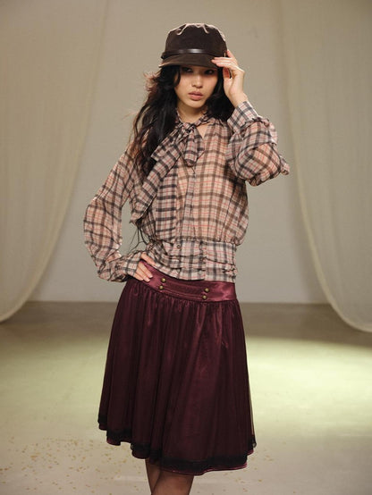 lvetong Plaid Bow V-neck Double Button Shirred Waist Women&