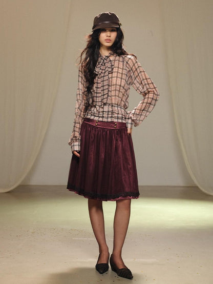 lvetong Plaid Bow V-neck Double Button Shirred Waist Women&