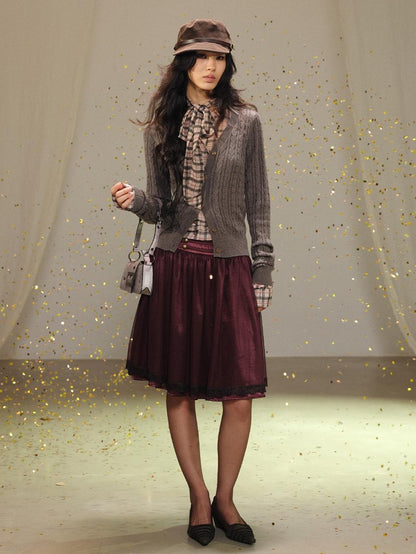 lvetong Plaid Bow V-neck Double Button Shirred Waist Women&