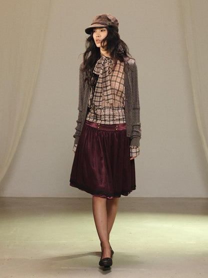 lvetong Plaid Bow V-neck Double Button Shirred Waist Women&