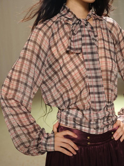lvetong Plaid Bow V-neck Double Button Shirred Waist Women&