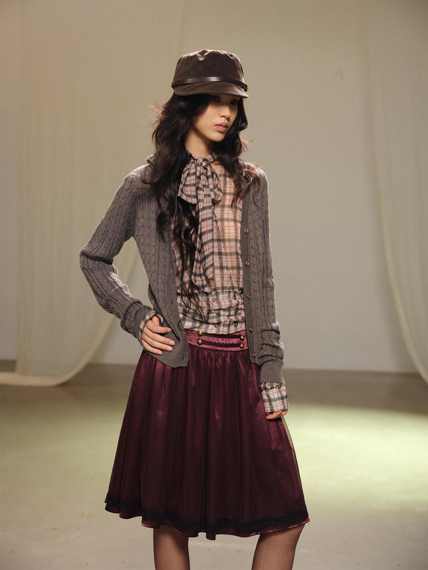 lvetong Plaid Bow V-neck Double Button Shirred Waist Women&
