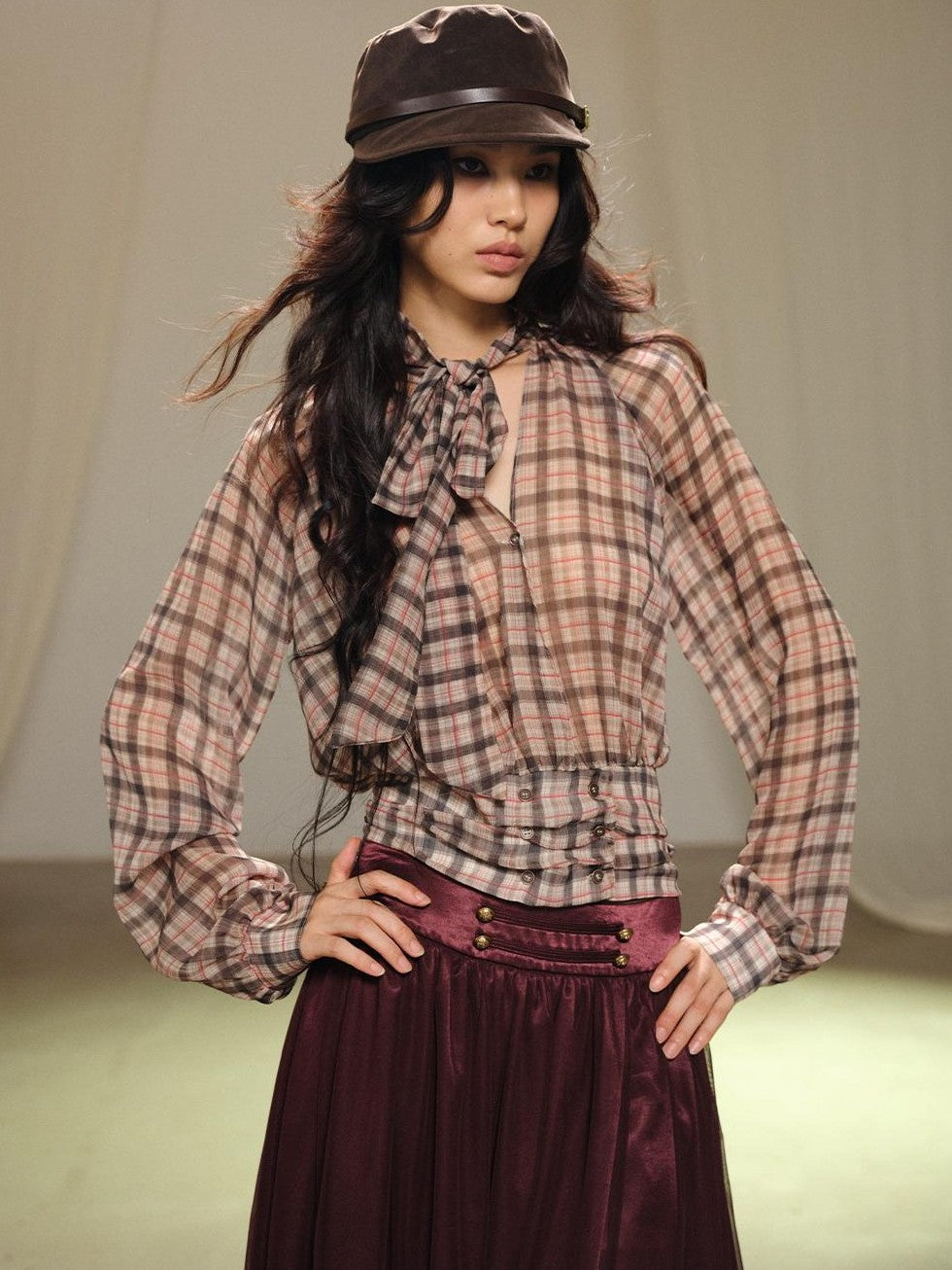 lvetong Plaid Bow V-neck Double Button Shirred Waist Women&