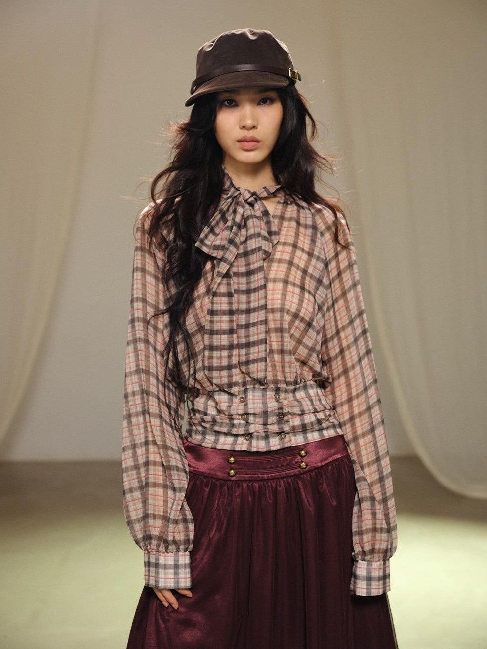 lvetong Plaid Bow V-neck Double Button Shirred Waist Women&