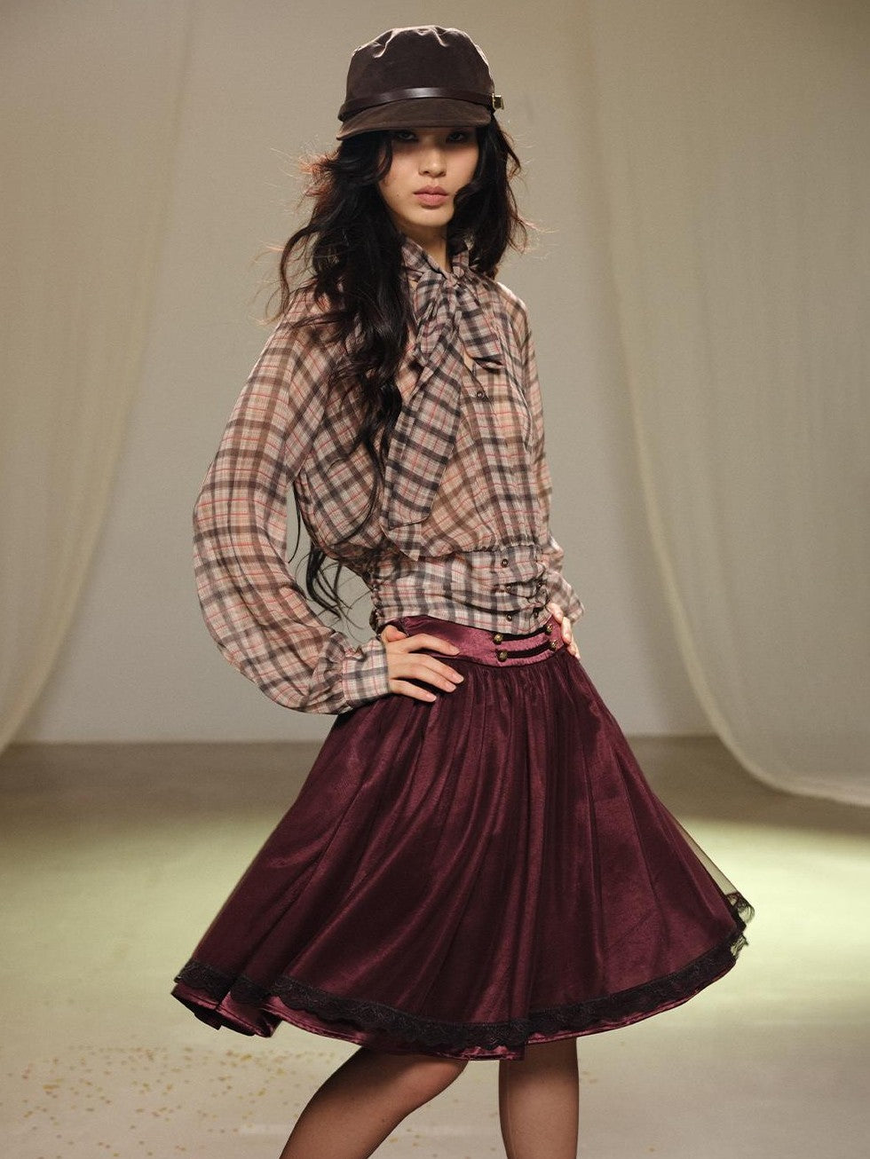 lvetong Plaid Bow V-neck Double Button Shirred Waist Women&