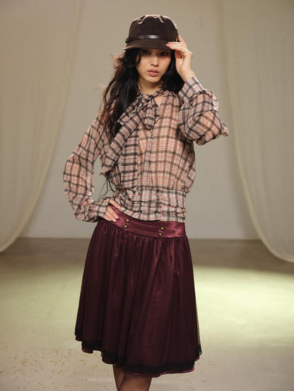 lvetong Plaid Bow V-neck Double Button Shirred Waist Women&