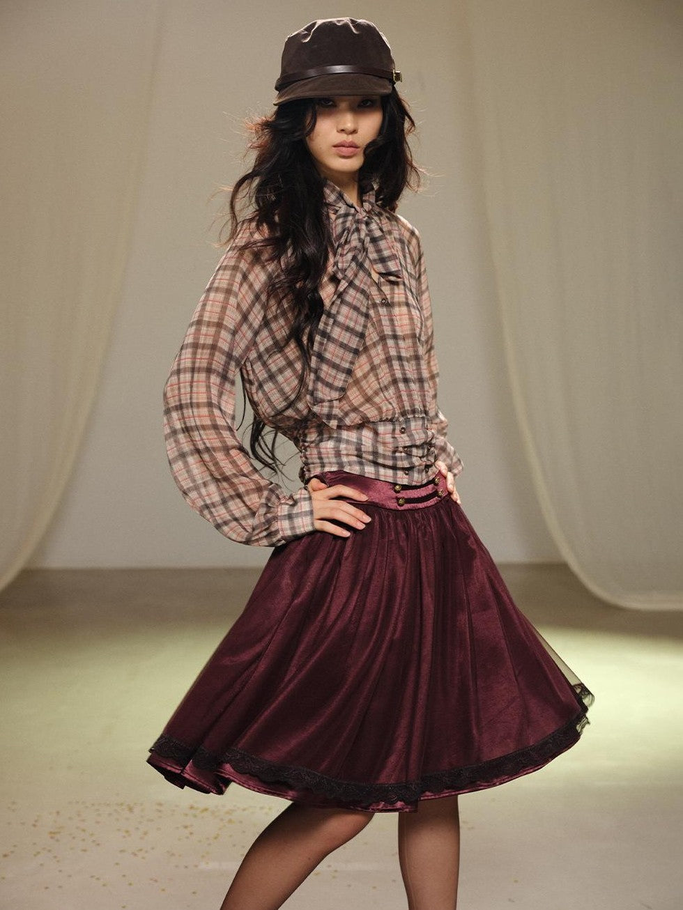 lvetong Plaid Bow V-neck Double Button Shirred Waist Women&