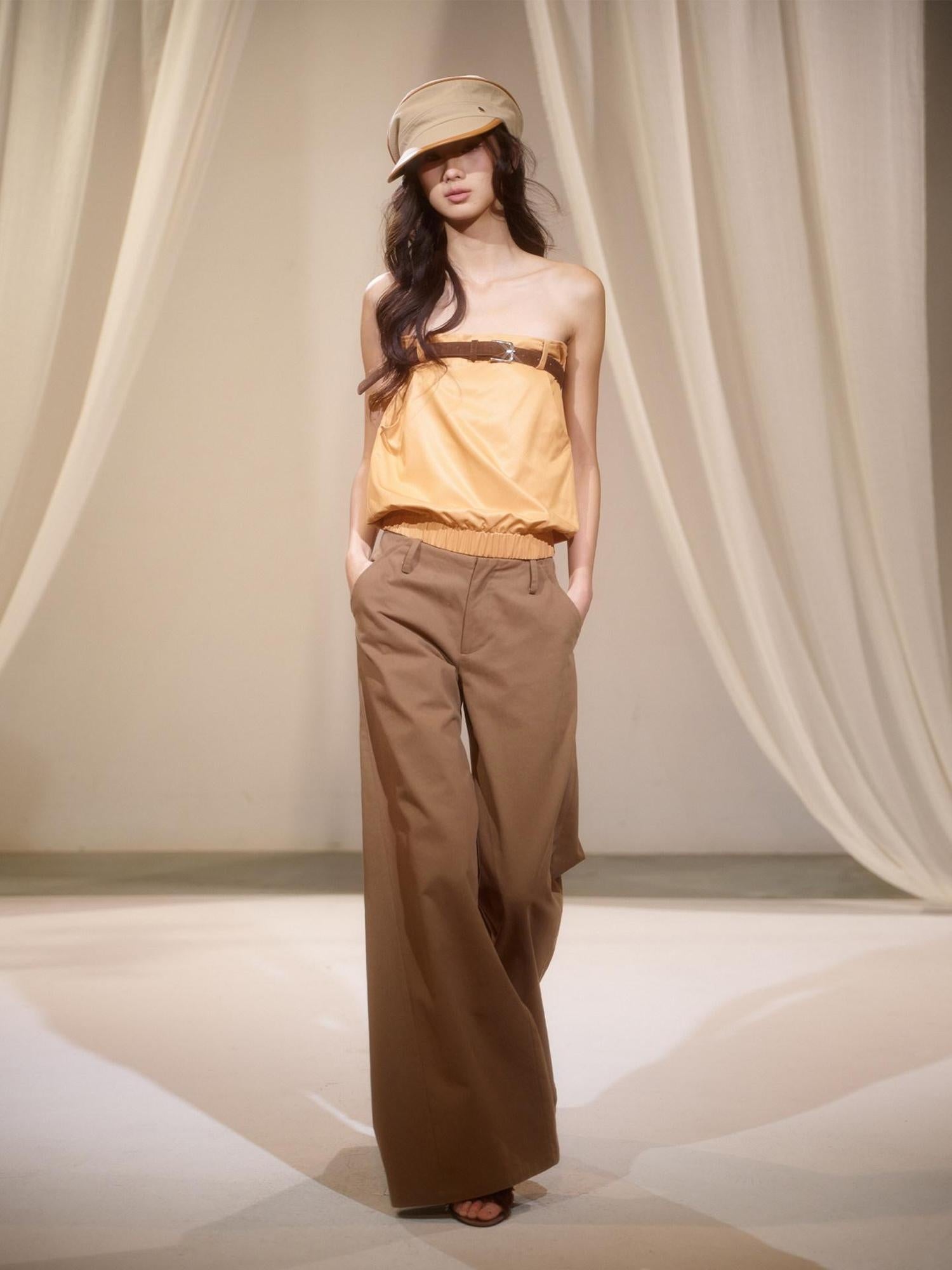 lvetong Pleated Low Waist Cotton Solid Brown Casual Flare Women Everyday Wide-Leg Pants