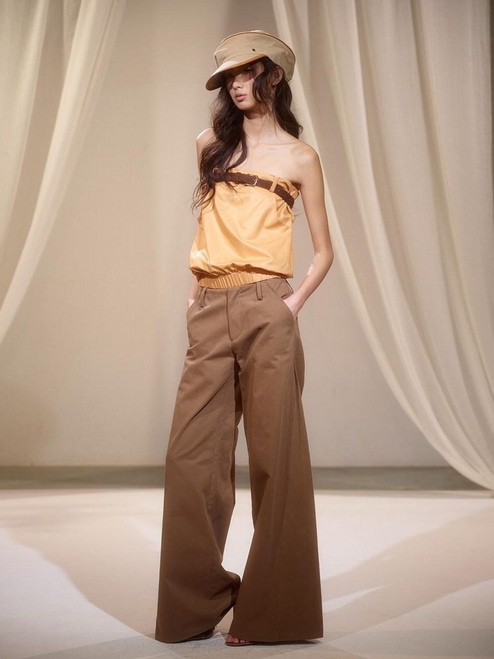 lvetong Pleated Low Waist Cotton Solid Brown Casual Flare Women Everyday Wide-Leg Pants