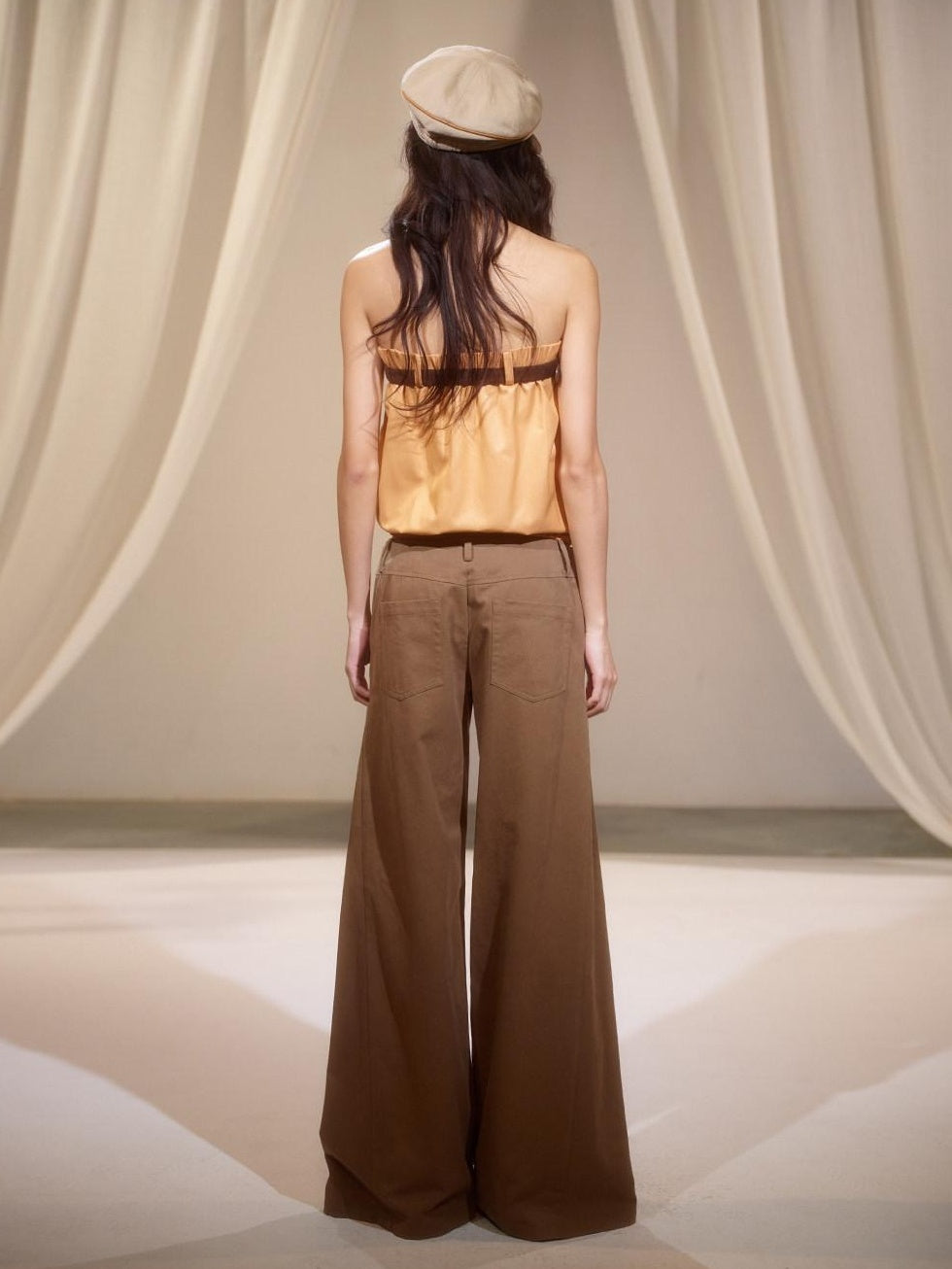lvetong Pleated Low Waist Cotton Solid Brown Casual Flare Women Everyday Wide-Leg Pants