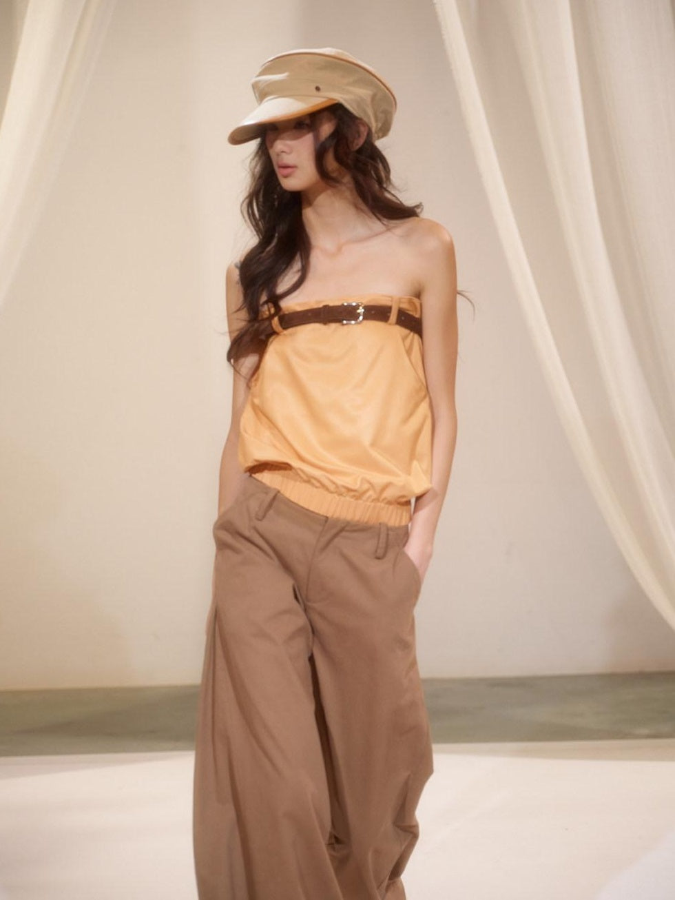 lvetong Pleated Low Waist Cotton Solid Brown Casual Flare Women Everyday Wide-Leg Pants