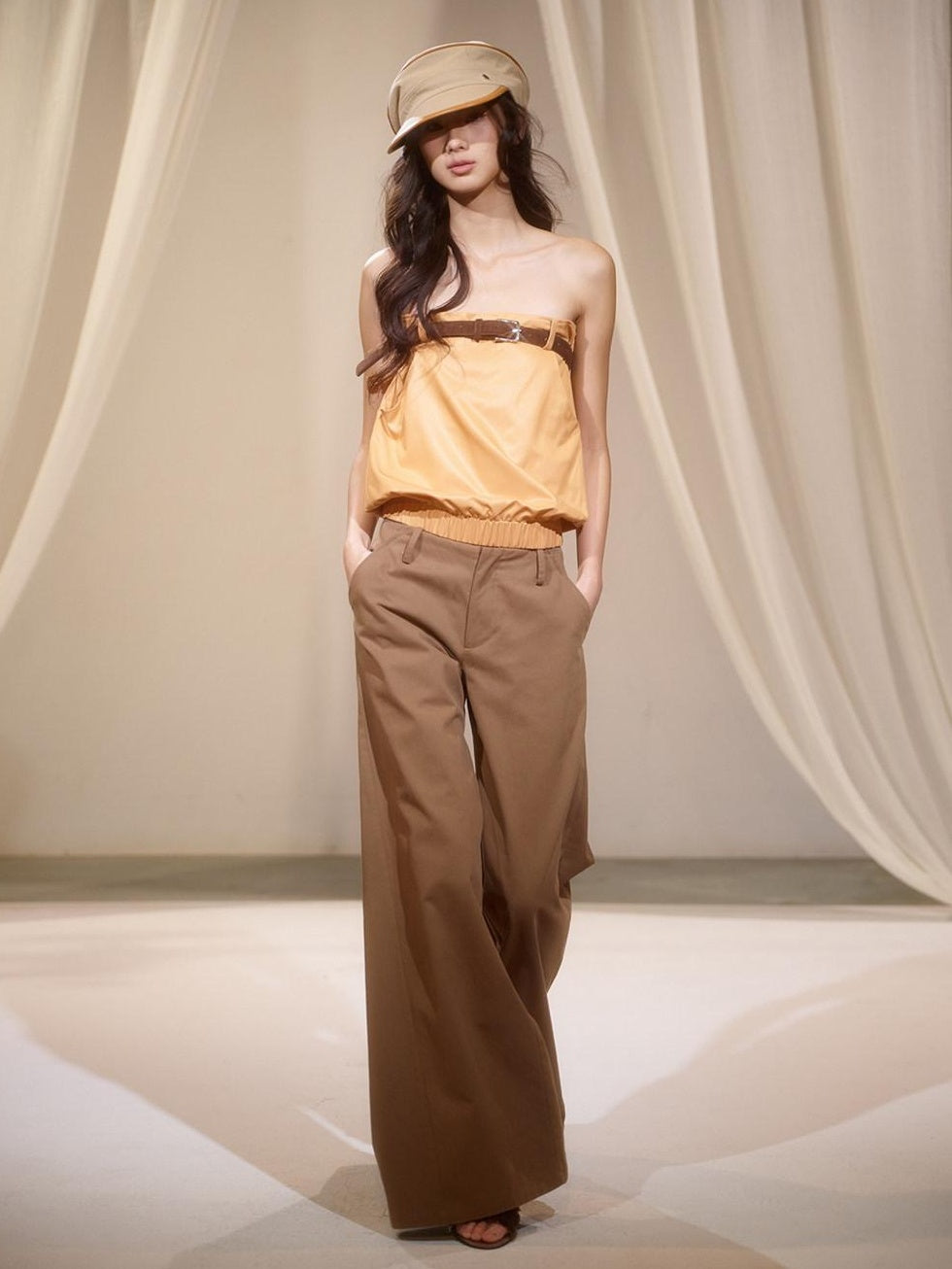 lvetong Pleated Low Waist Cotton Solid Brown Casual Flare Women Everyday Wide-Leg Pants