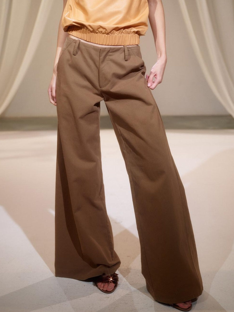 lvetong Pleated Low Waist Cotton Solid Brown Casual Flare Women Everyday Wide-Leg Pants