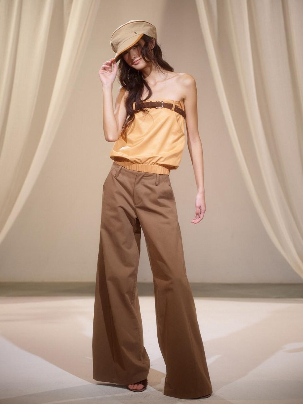 lvetong Pleated Low Waist Cotton Solid Brown Casual Flare Women Everyday Wide-Leg Pants