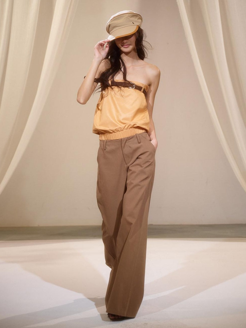 lvetong Pleated Low Waist Cotton Solid Brown Casual Flare Women Everyday Wide-Leg Pants