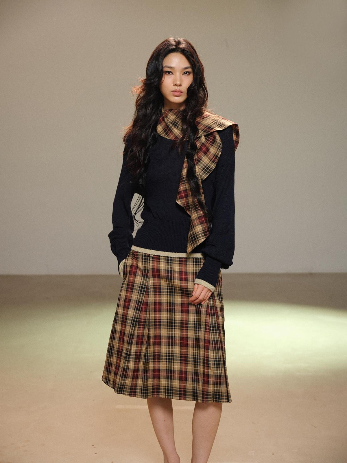 lvetong Pleated Plaid Color Block A Line Women&