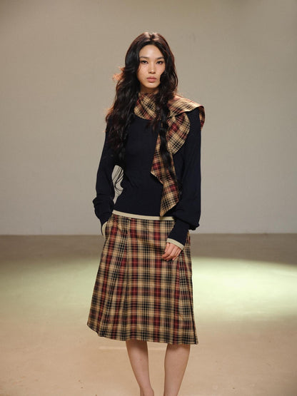 lvetong Pleated Plaid Color Block A Line Women&