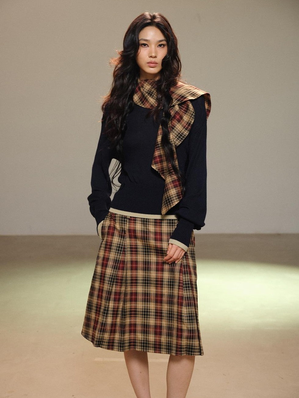 lvetong Pleated Plaid Color Block A Line Women&